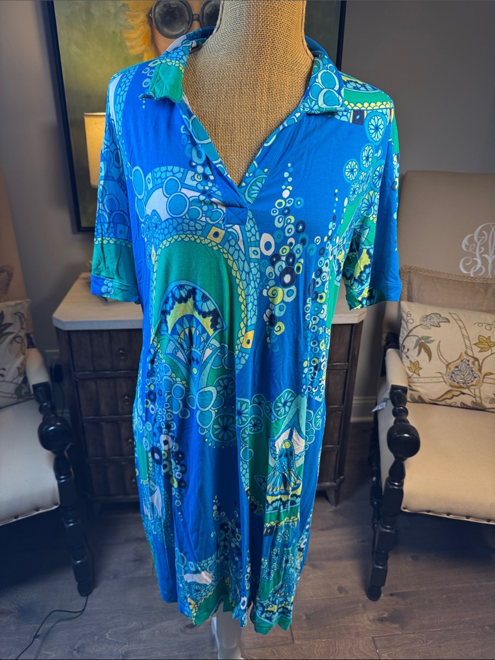 Tori Richard Blue & Green Printed Midi Polo Dress